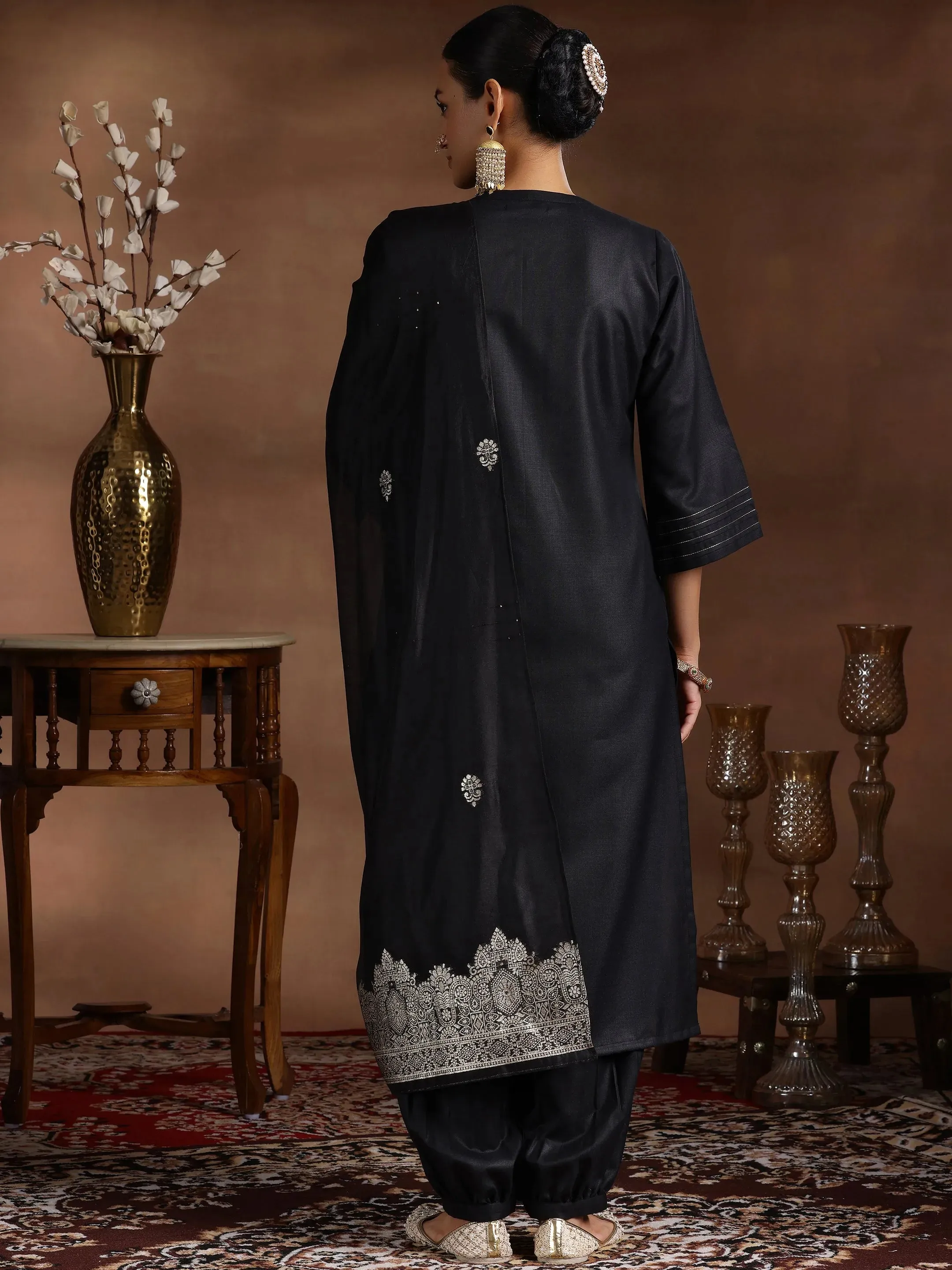 Black Solid Silk Blend Straight Suit With Dupatta