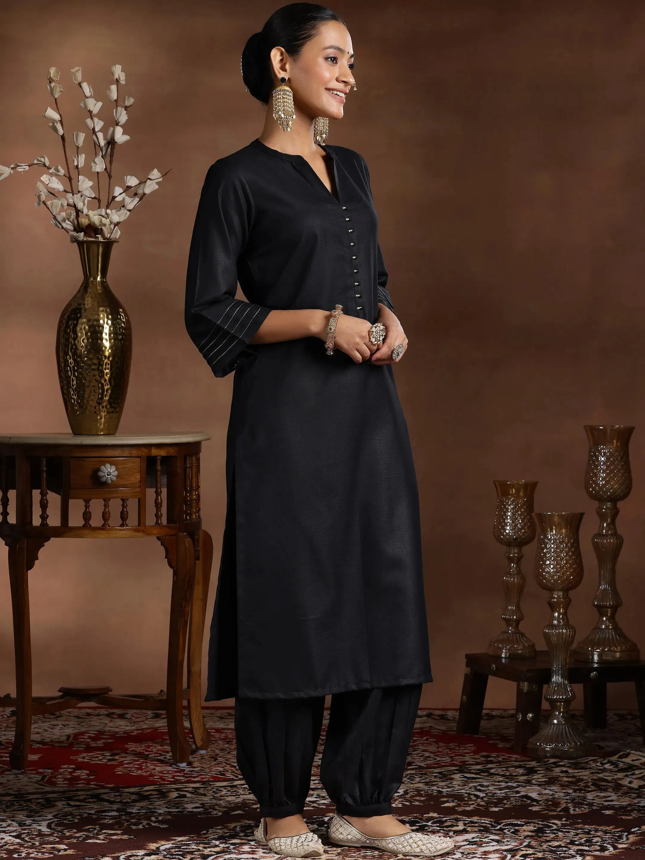 Black Solid Silk Blend Straight Suit With Dupatta