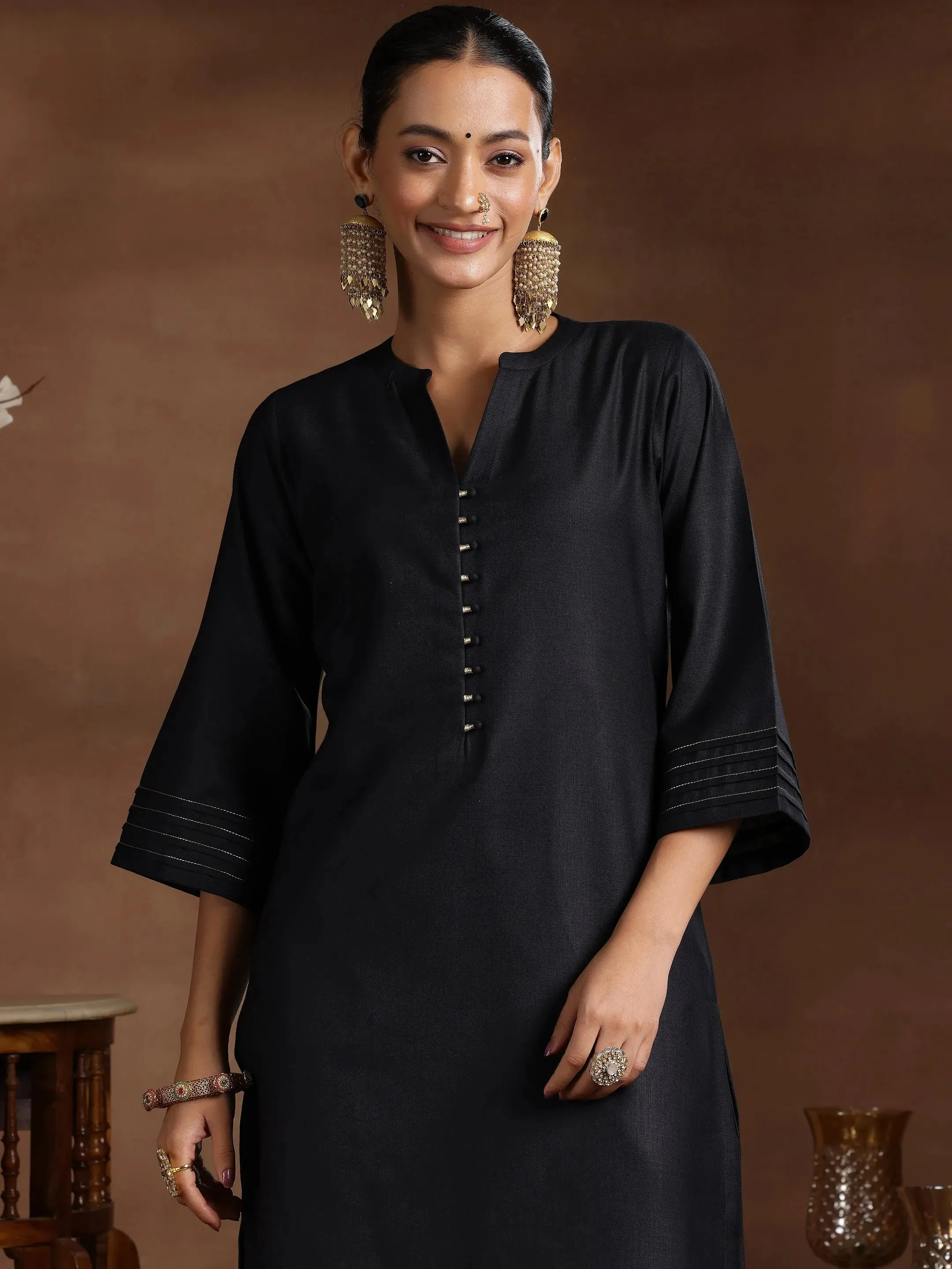 Black Solid Silk Blend Straight Suit With Dupatta