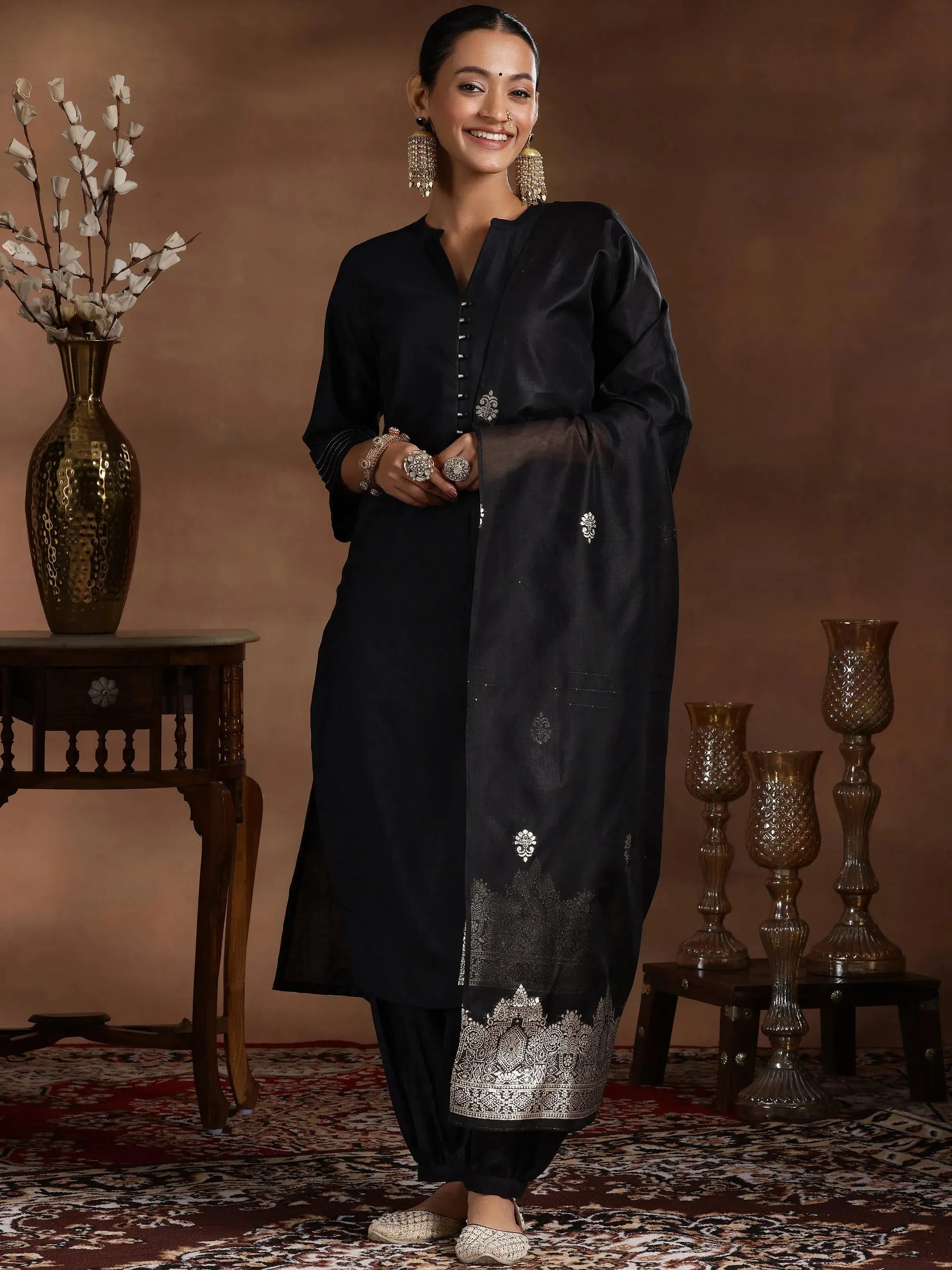 Black Solid Silk Blend Straight Suit With Dupatta