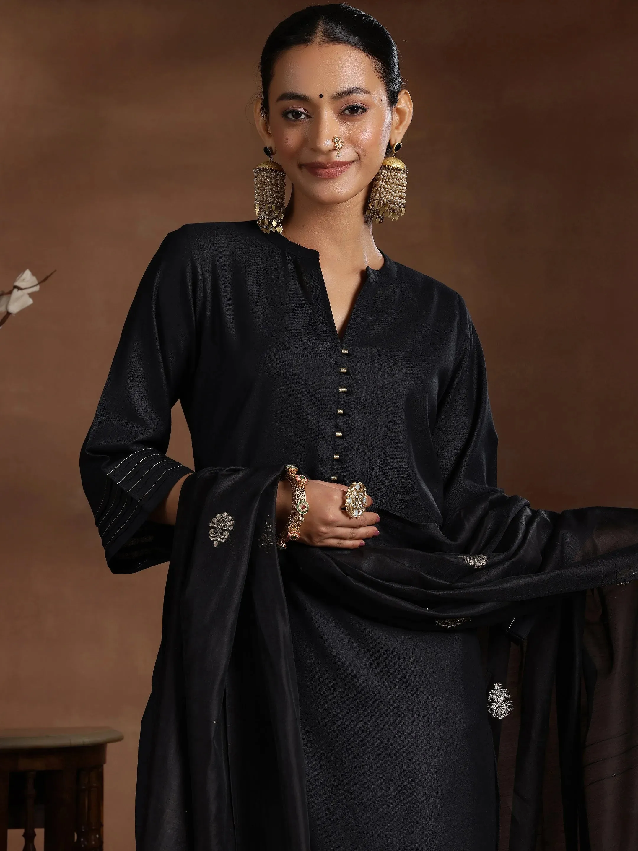 Black Solid Silk Blend Straight Suit With Dupatta