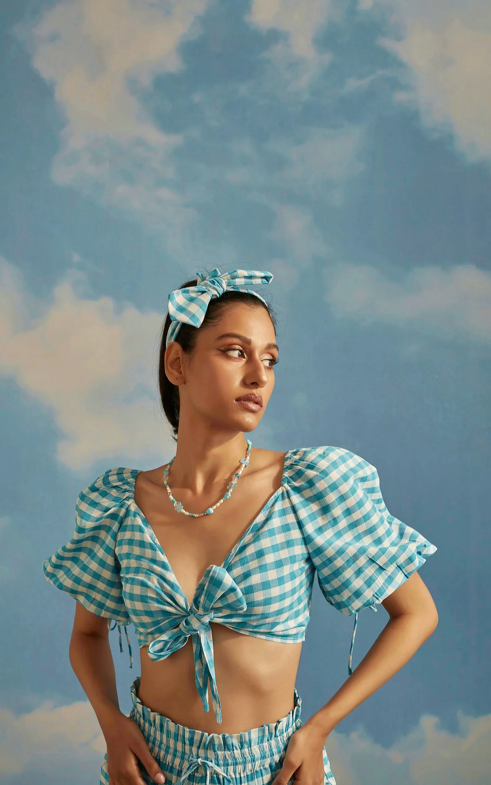 Blue Checkered Front Tie Up Top