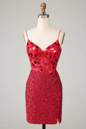 Cute Red Bodycon Sequin V Neck Straps Short Cocktail Dresses Homecoming Dresses Sparkly