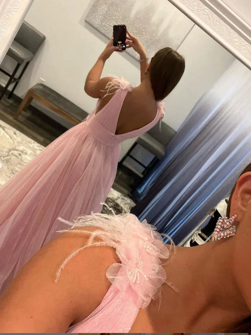 Deep V Neck Pink Princess Prom Dresses Elegant Evening Dresses Organza