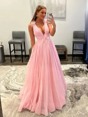 Deep V Neck Pink Princess Prom Dresses Elegant Evening Dresses Organza