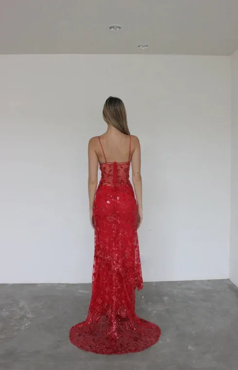 Elegant Formal Dress Gowns Sheath Spaghetti Straps Red Sparkly Long Prom Dresses Charming Evening Party Dress