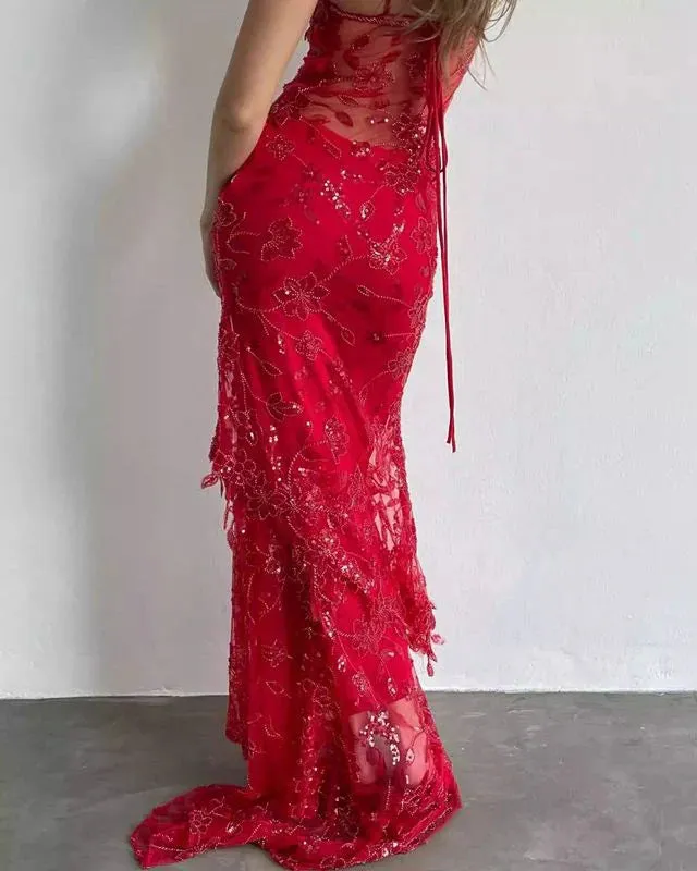 Elegant Formal Dress Gowns Sheath Spaghetti Straps Red Sparkly Long Prom Dresses Charming Evening Party Dress