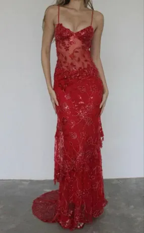 Elegant Formal Dress Gowns Sheath Spaghetti Straps Red Sparkly Long Prom Dresses Charming Evening Party Dress