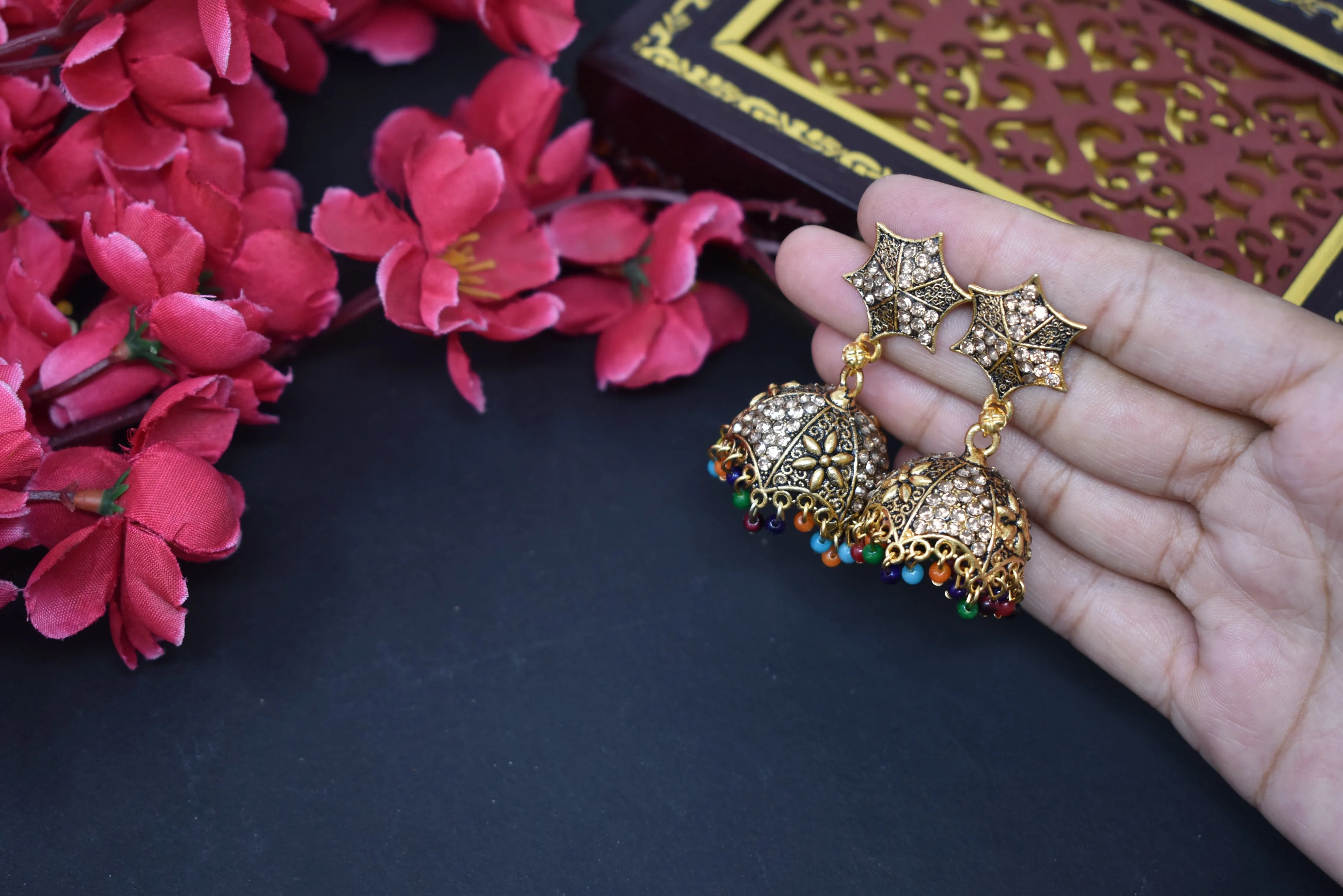 Gold-Plated Oxidized Jhumkas: Timeless Women's Earrings