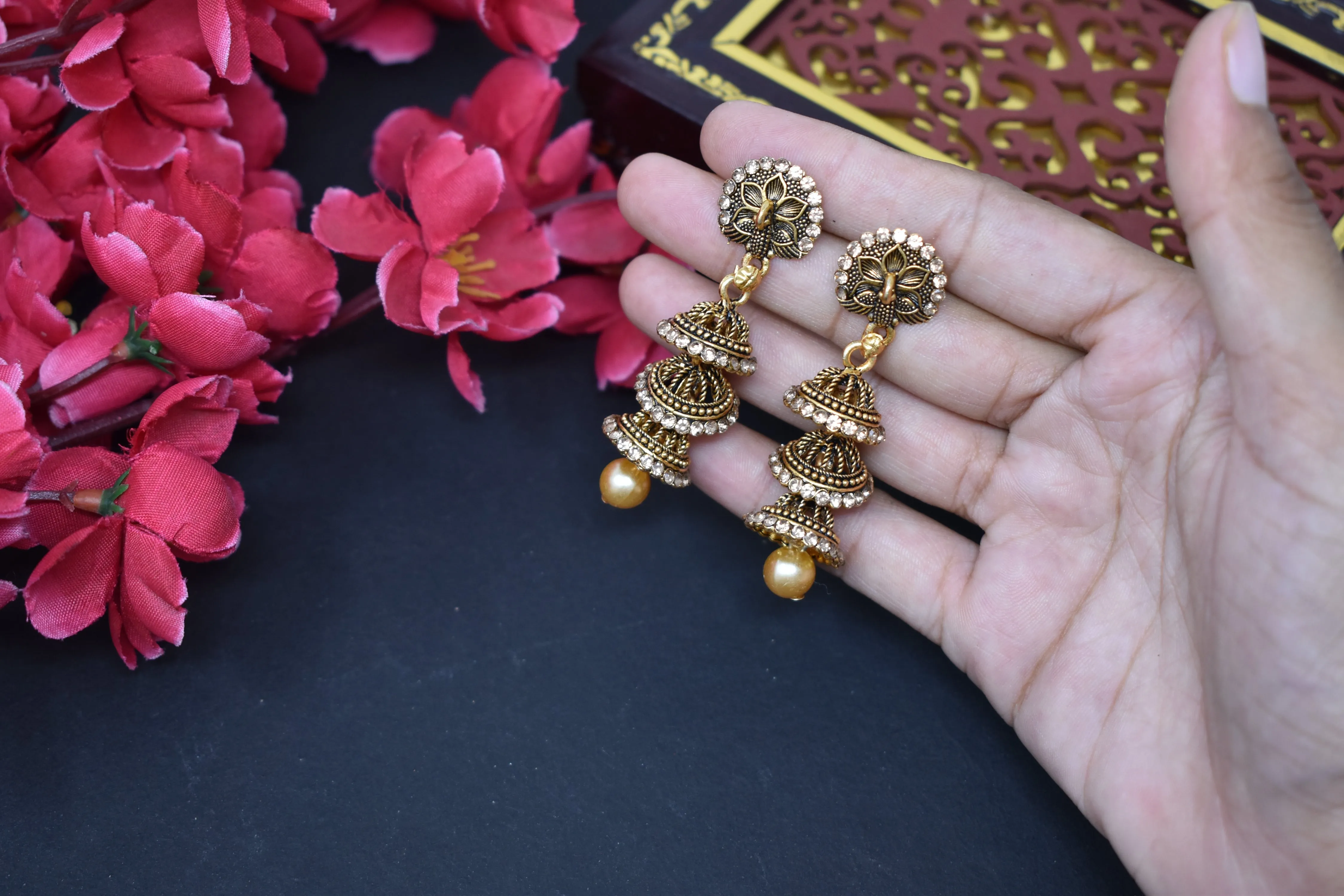 Gold Plated Oxidized Jhumkas: Women's Vintage Style