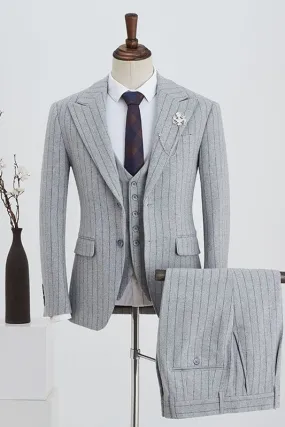 Gray Peaked Lapel Three Pieces Strips Business Suits Formal Wedding Suits for Men