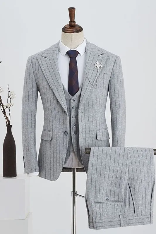 Gray Peaked Lapel Three Pieces Strips Business Suits Formal Wedding Suits for Men