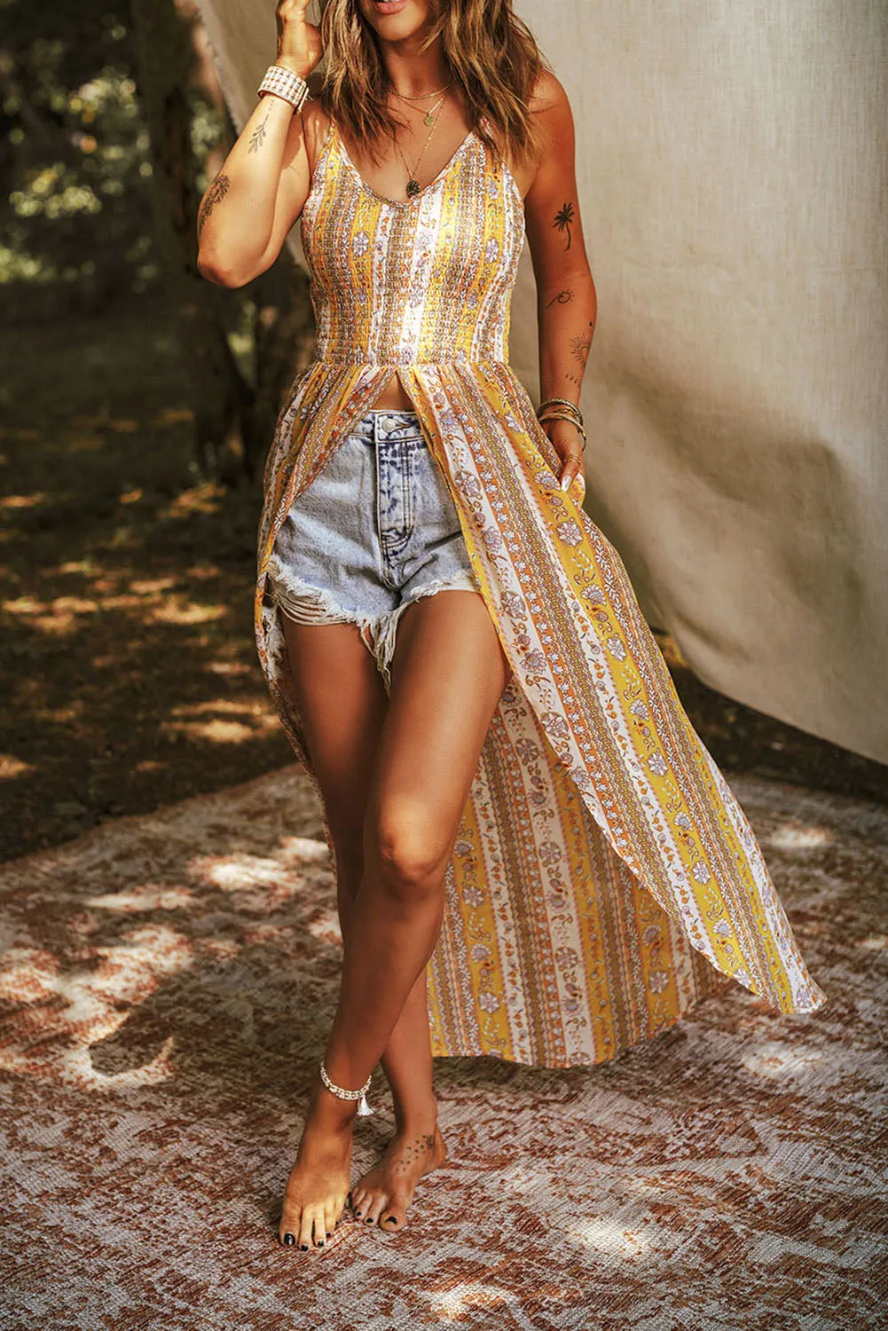 Just BE. SYN Smocked Printed V-Neck Cami