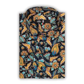 KARL MOMMOO | Italienisches Herren-Hemd blau / orange gemustert. Langarm, Baumwolle, Modern Fit