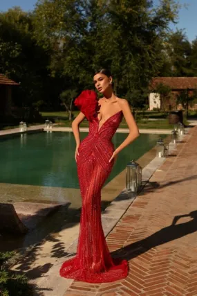 Lea Beautiful V-Neck Red Evening Dress