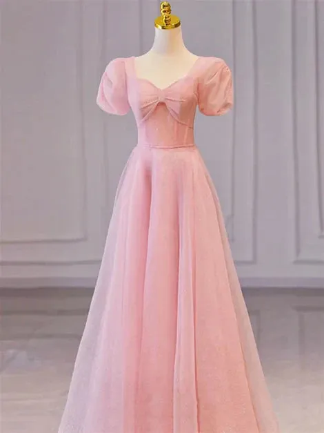 Pink Sweetheart Short Sleeves Long A-line Prom Dress Evening Gowns Elegant