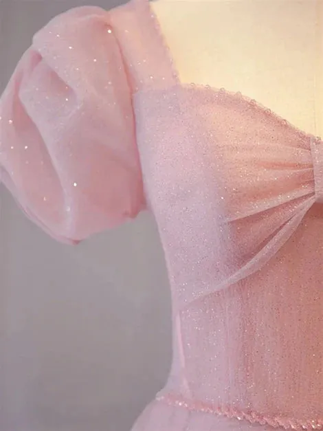 Pink Sweetheart Short Sleeves Long A-line Prom Dress Evening Gowns Elegant