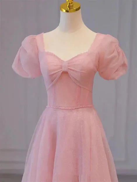 Pink Sweetheart Short Sleeves Long A-line Prom Dress Evening Gowns Elegant