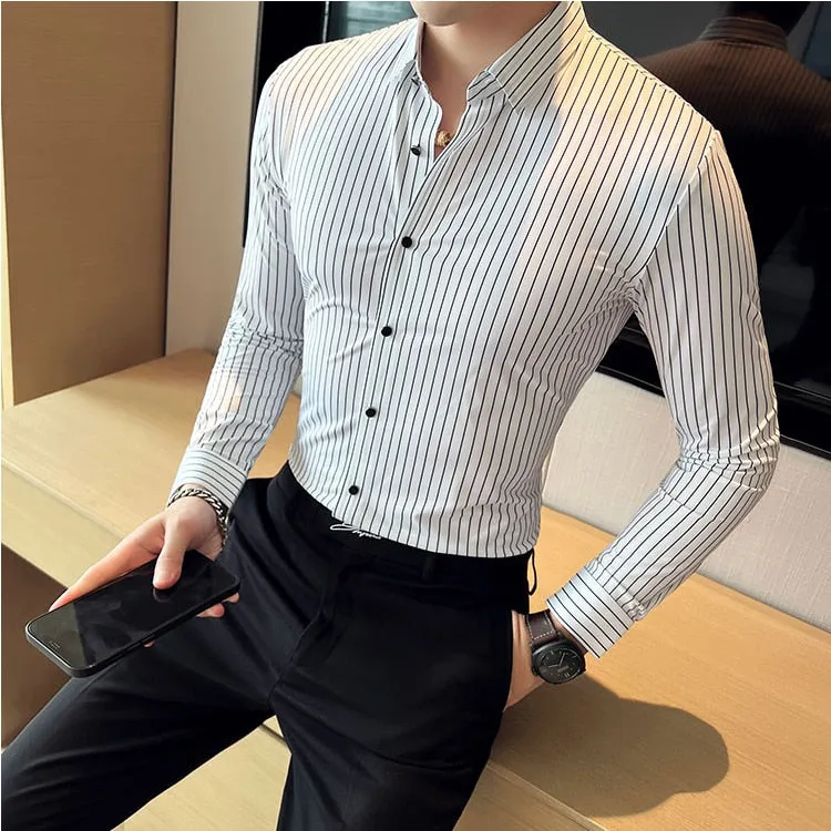 Plus Size 4XL-M High Elasticity Seamless Shirts Men Long Sleeve Top Quality Slim Casual Luxury Shirt Social Formal Dress Shirts