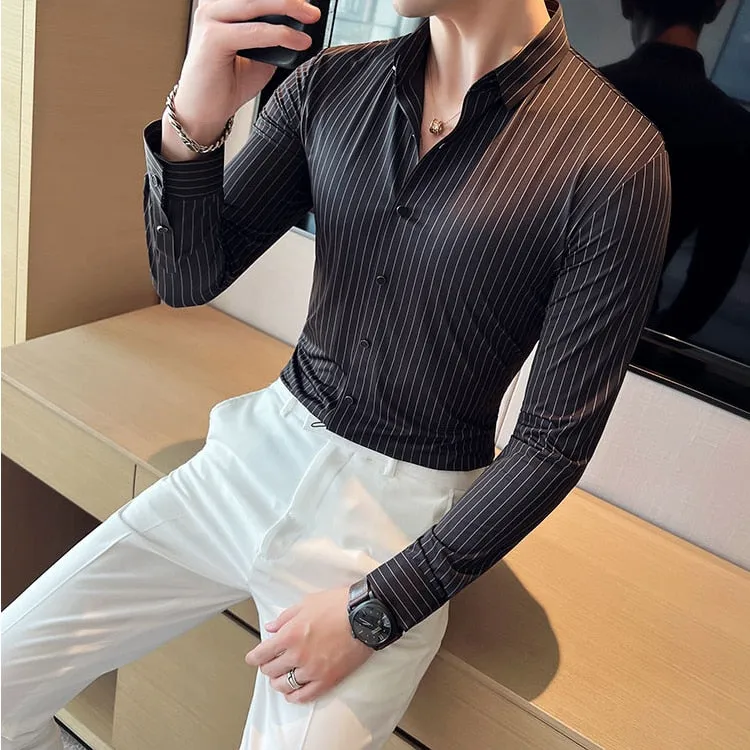 Plus Size 4XL-M High Elasticity Seamless Shirts Men Long Sleeve Top Quality Slim Casual Luxury Shirt Social Formal Dress Shirts