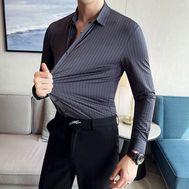 Plus Size 4XL-M High Elasticity Seamless Shirts Men Long Sleeve Top Quality Slim Casual Luxury Shirt Social Formal Dress Shirts
