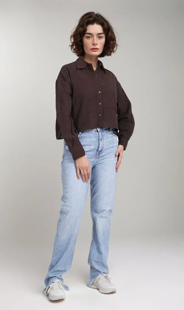 R206571-R206571 - Cropped Button-Up Shirt - Black