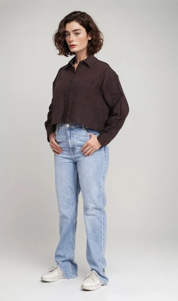R206571-R206571 - Cropped Button-Up Shirt - Black