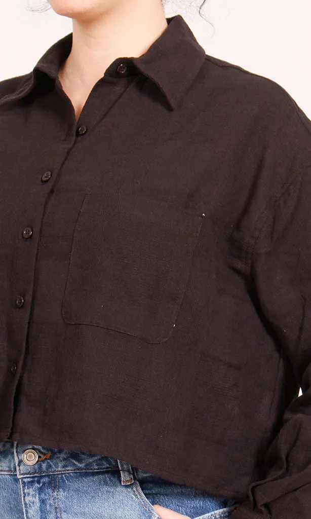 R206571-R206571 - Cropped Button-Up Shirt - Black